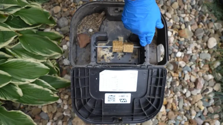 Blue-gloved hand opening a black lockable rodent bait station on gravel beside a garden bed