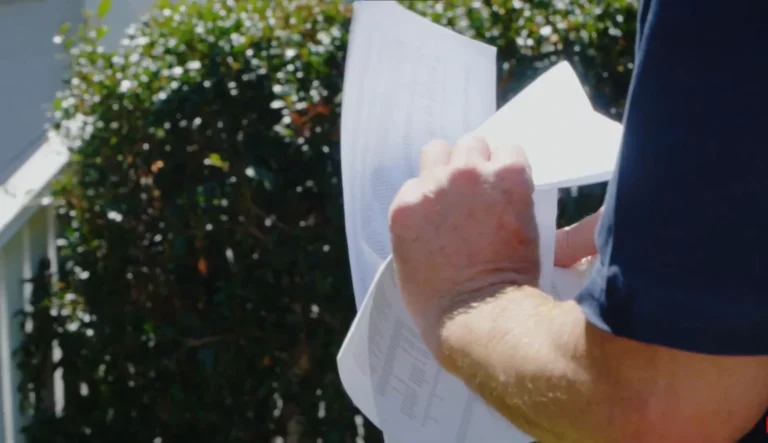 Man in a navy shirt holding printed papers outdoors beside a hedge