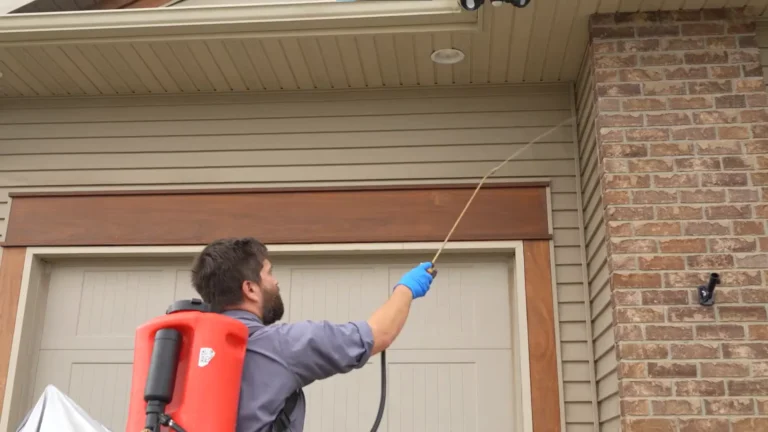 Pest control technician with a red backpack sprayer treating the eaves above a garage door beside a brick wall