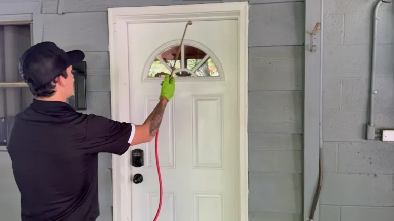 Pest control technician in a black polo and cap applying a spray treatment around a front door frame