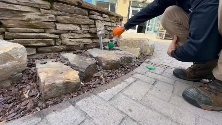 Pest control technician crouching to apply a treatment along the base of a stacked stone garden wall