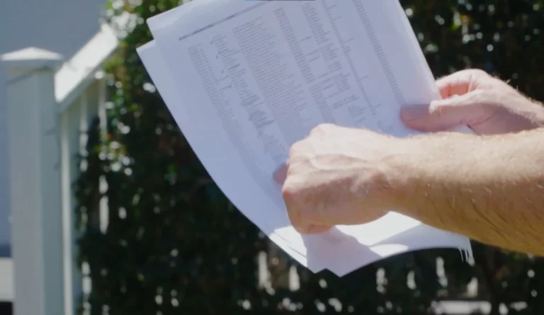 Hands holding printed report pages outdoors